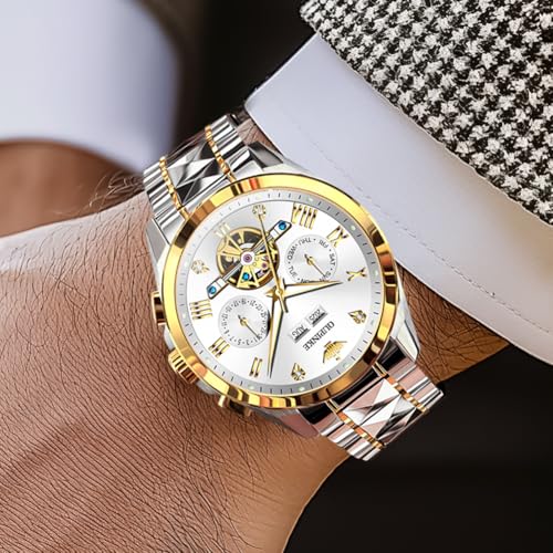 OUPINKE Men's Automatic Watch 44mm Big Dial,Luxury Mechanical Wristwatch,Sapphire Crystal Glass,50M Waterproof, Tungsten Steel with Date Display (White Dial,Two Tone Tungsten Steel Strap) - Image 3