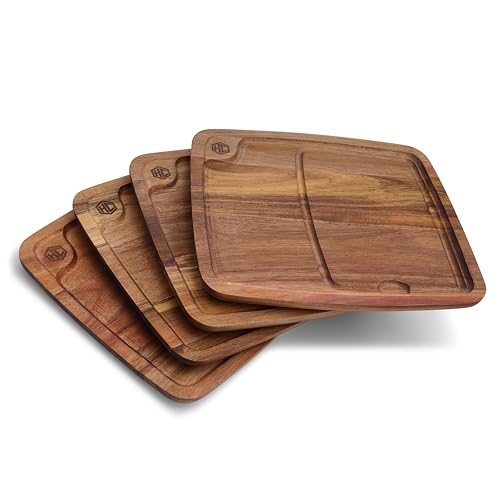 HexClad 4-Piece Bistecca Wooden Steak Plate Set with Juice Channel for Meats, Stackable Design with Straight Edges and Completely Flat Base, Easy to Clean, Lightweight and Durable - Image 1