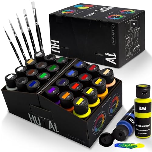 HUAL Acrylic Paint Set With 5 Brushes, 24 Colors (60ml, 2oz) for Artists Kids Beginners & Painters,Model/Canvas/Rock/Fabric/Glass/Stone/Ceramic/Wood Painting, Non Toxic - Image 1