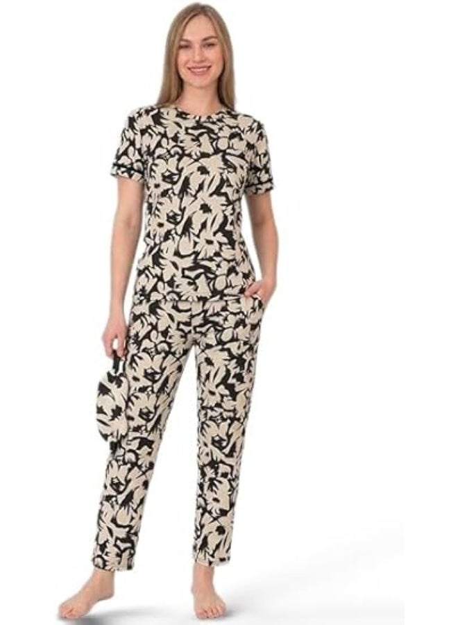 Women's Summer Tring Pajama Set 2 Piece Pants and T-Shirt - Patterned and Specially Designed for Comfort and Freshness with Sleep Glasses - Image 1