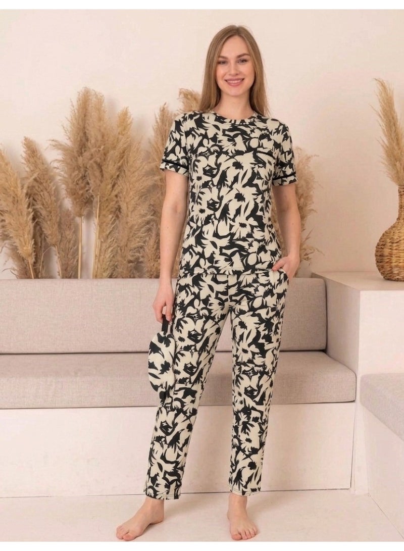 Women's Summer Tring Pajama Set 2 Piece Pants and T-Shirt - Patterned and Specially Designed for Comfort and Freshness with Sleep Glasses - Image 4