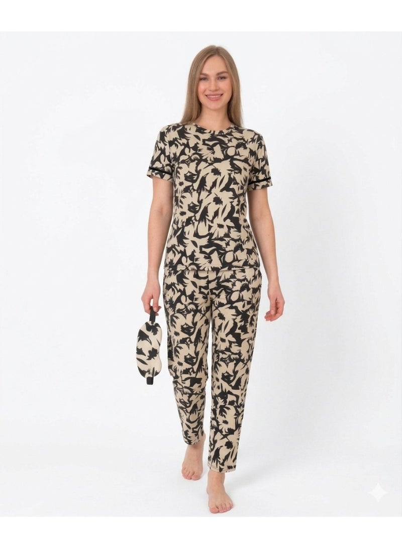 Women's Summer Tring Pajama Set 2 Piece Pants and T-Shirt - Patterned and Specially Designed for Comfort and Freshness with Sleep Glasses - Image 2