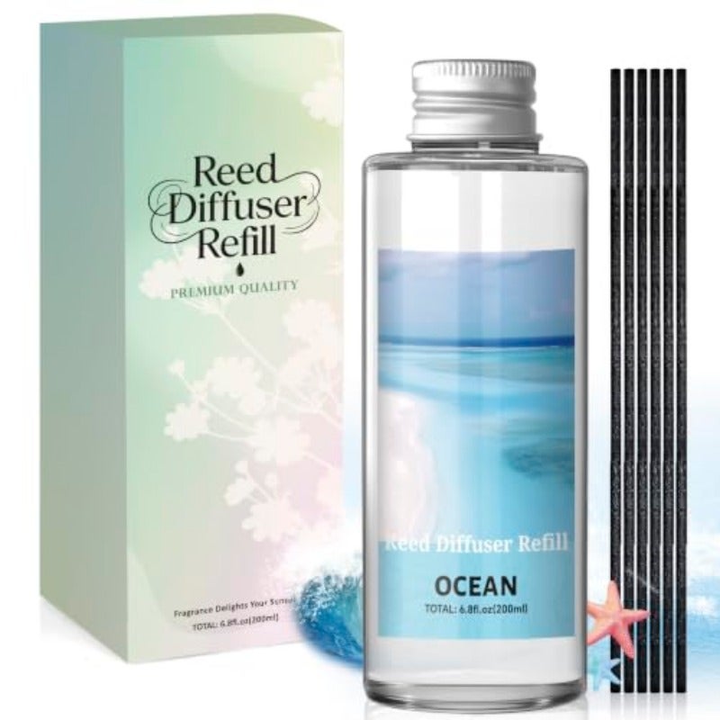 Ocean Reed Diffuser Refill Oil 200ml with 6 Sticks LongLasting Fresh Marine Home Fragrance for Bathroom Bedroom Living Room - Image 1