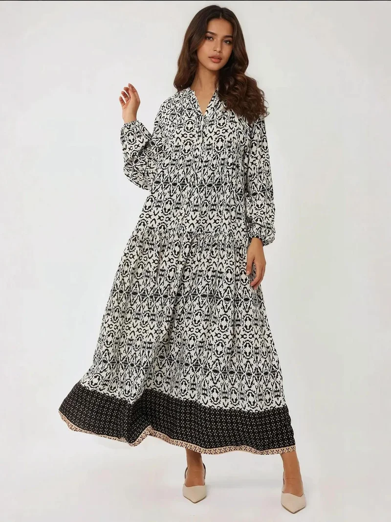 زوبعة فستان ماكسي مطبوع بياقة قميص