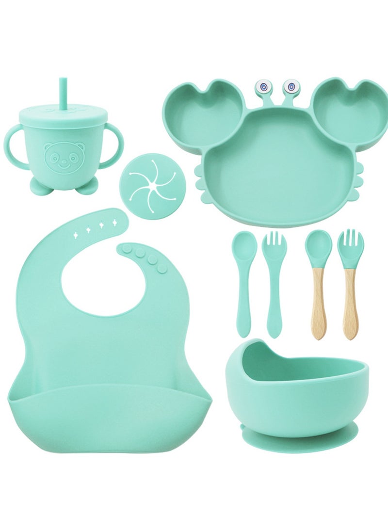 Premium Mint 9 Piece Weaning Feeding Supplies for Toddlers! Bib+Plate+Suction Silicone Baby Bowls! Self Eating Utensils Set with Spoons, Bibs, Plate, Toddlers Spoon Set! Set of 9! - Image 1