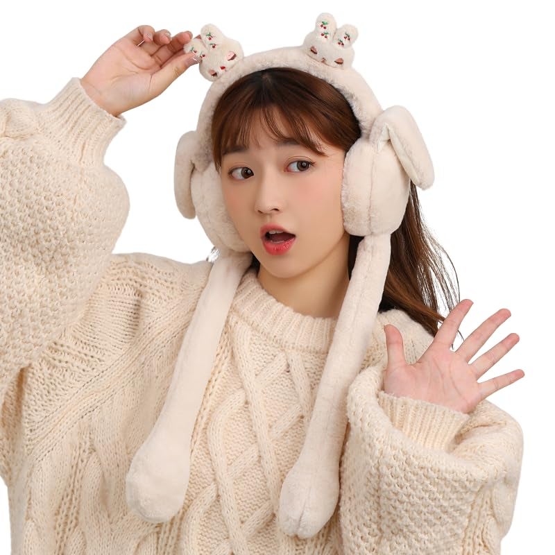 RR DESIGN Moving Ear Rabbit Plush Earmuffs, Pink Winter Warmer, Adjustable Woollen Headband (Off White) - Image 1