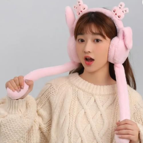 RR DESIGN Moving Ear Rabbit Plush Earmuffs, Pink Winter Warmer, Adjustable Woollen Headband (Off White) - Image 2