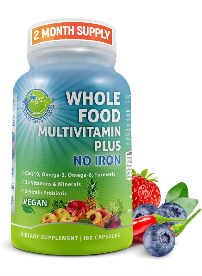 Supplements Studio Vegan Whole Food Multivitamin Without Iron, Daily Multivitamin for Women and Men, Made with Fruits & Vegetables, B-Complex, Probiotics, Enzymes, CoQ10, Omegas, Turmeric, Non-GMO, 180 Count - Image 1