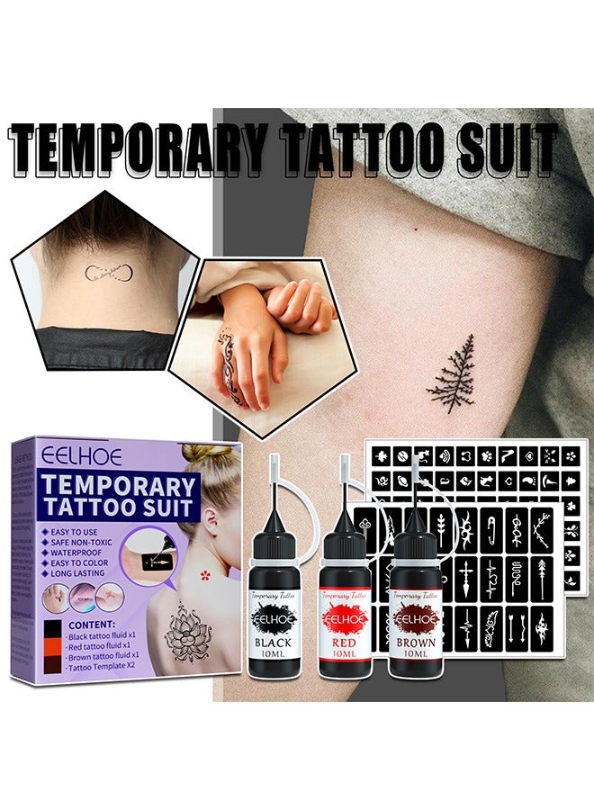 إيلهو Temporary Tattoo Suit, With 84 Pieces Self-Adhesive Tattoo Template Set, Temporary Tattoo Ink 3 Bottles, 3 Colors For Art Drawing Women Men Kids DIY Art Painting - Image 1