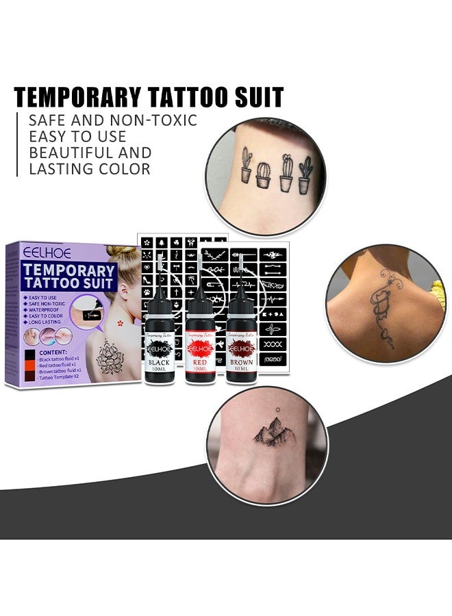 إيلهو Temporary Tattoo Suit, With 84 Pieces Self-Adhesive Tattoo Template Set, Temporary Tattoo Ink 3 Bottles, 3 Colors For Art Drawing Women Men Kids DIY Art Painting - Image 2