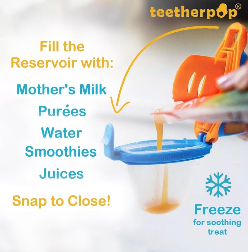 teetherpop تيثر بوب - عضاضة سيليكون قابلة للتعبئة للأطفال - قوالب مصاصة حليب الثدي لتخفيف آلام التسنين مع فتحات شرب مقاومة للتسرب - عضاضات أطفال قابلة للتجميد للسوائل والمهروسات - تخفيف بارد (أزرق ليموني وليمون تيل) - Image 3