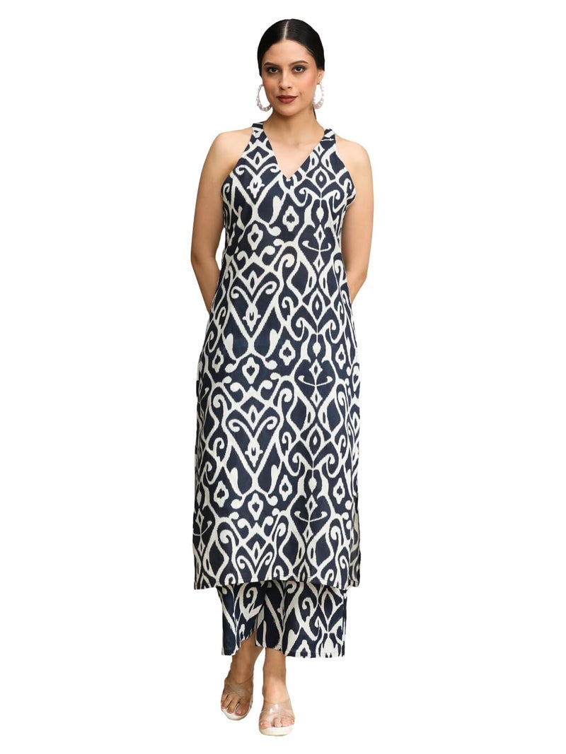 Varanga Women Blue Ikat Printed Straight Kurta With Bottom - Image 1