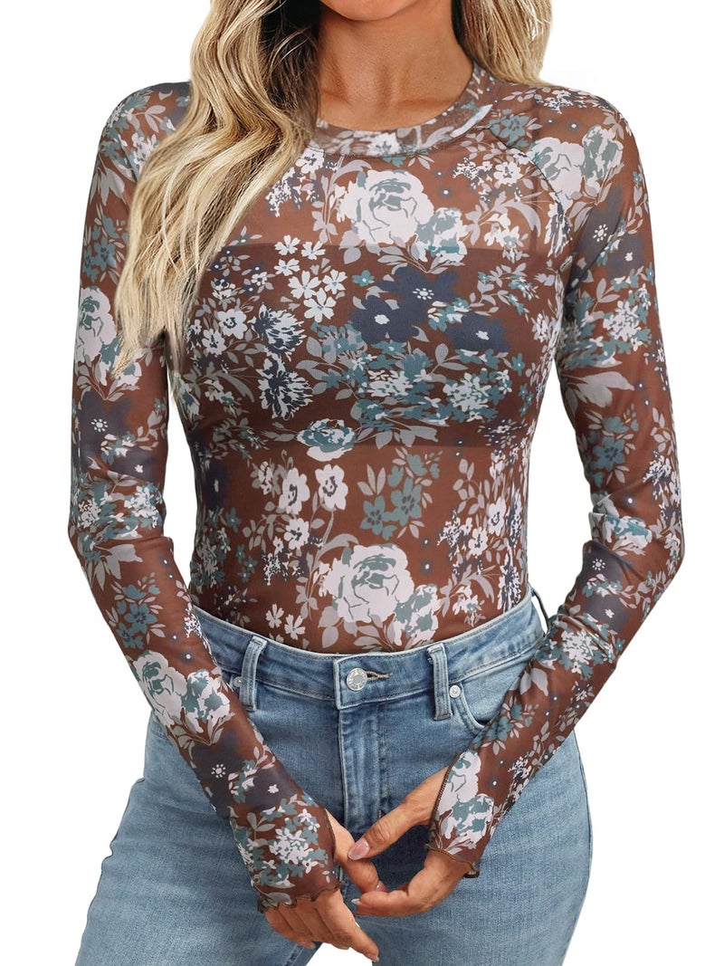 Dealmore Womens Mesh Sheer Lace Going Out Slim Fitted See Through Tops Spring Fashion Clothes 2026 Outfits Brown XL - Image 1