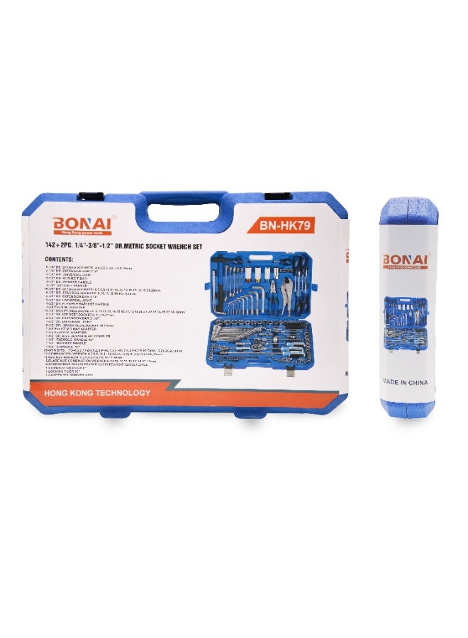 Bonai 142-Piece Socket Wrench Tool Set, 1/4-3/8-1/2 Inch Drive Metric Ratchet Kit, Chrome Vanadium Steel Mechanics Hand Tools with Storage Case, Model BN-HK79 - Image 5