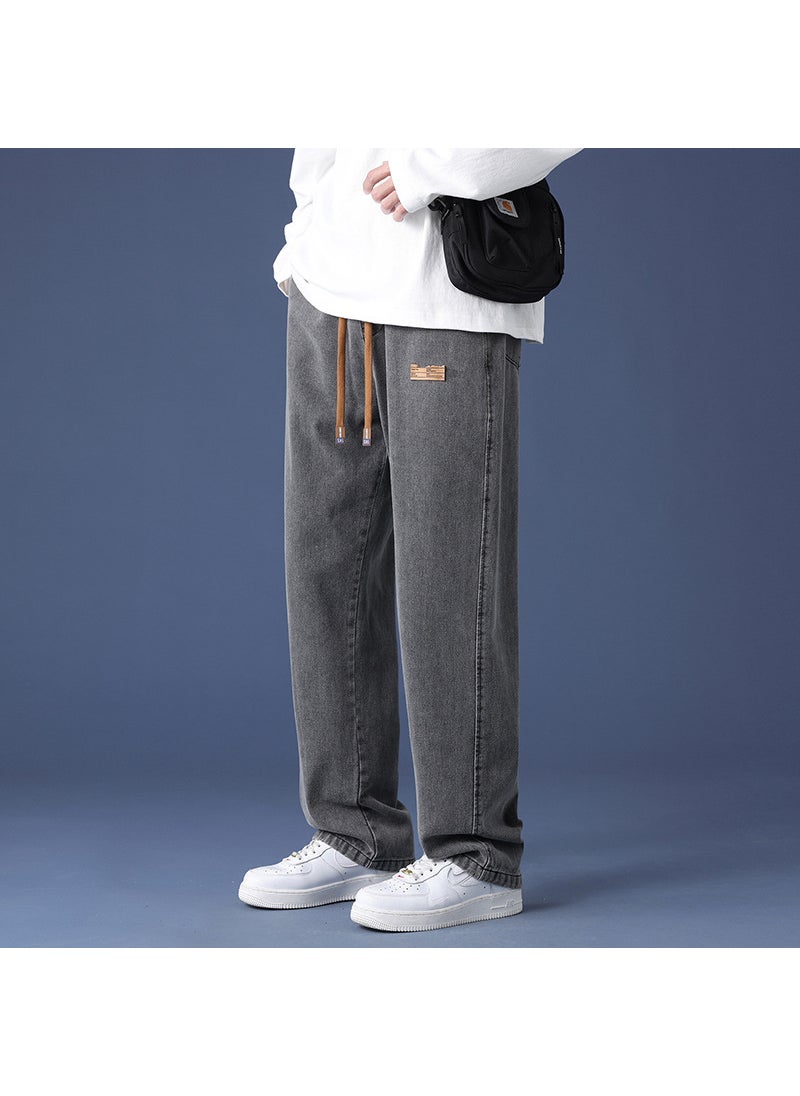 Generic Thickened Denim Jeans Men Autumn Winter Loose Straight Leg Long Pants Retro Casual Trousers Street Style K825 gray 