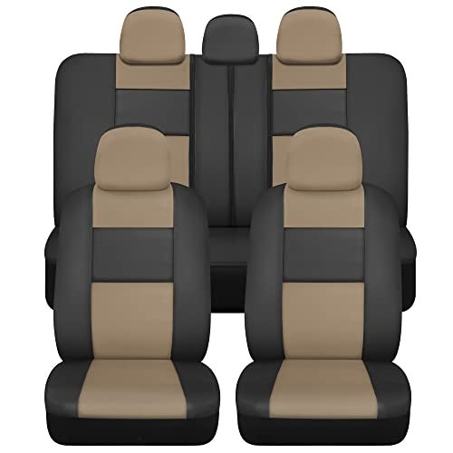 BDK Faux Leather Car Seat Cover Full Set - Front & Rear Split Bench Beige Seat Covers for SUV & Truck Seat Covers, Airbag Compatible - Interior Protective Seat Covers for Car Seats & Car Accessories - Image 1