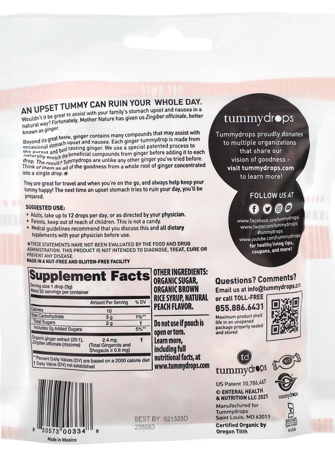 TUMMYDROPS Organic Double Ginger Peach 33 Lozenges - Image 2