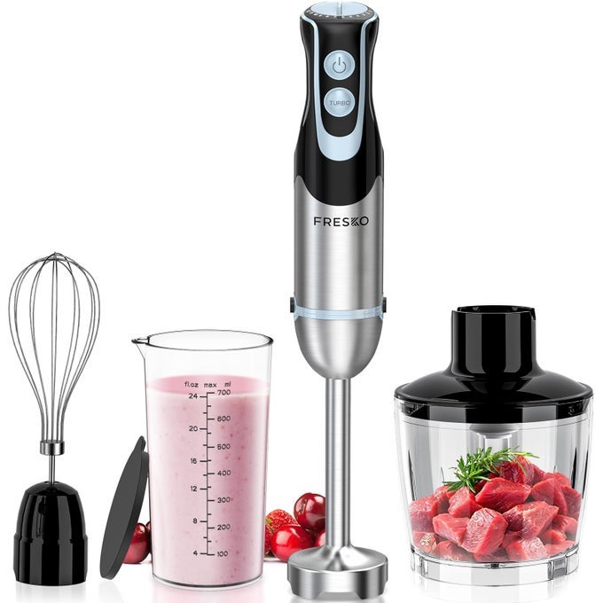 HAND BLENDER 4IN1 1000W ELECTRIC STICK BLENDER STAINLESS STEEL WITH 12SPEEDS TURBO MODE BABY FOOD IMMERSION BLENDER HANDHELD WITH WHISK700ML MEASURING CUP 500ML CHOPPER