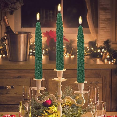 GenSwin Christmas Tree Flameless Taper Candles Flickering with Remote Timer, Real Wax LED Battery Operated Candles Warm 3D Wick Christmas Home Wedding Decor(Green, 0.78 X 9.64 Inch) - Image 2