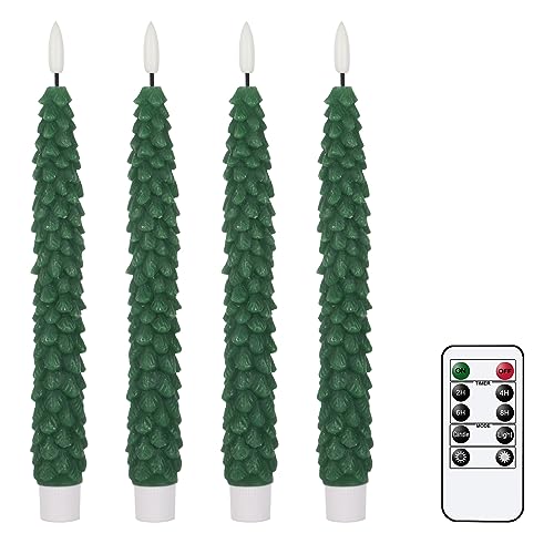 GenSwin Christmas Tree Flameless Taper Candles Flickering with Remote Timer, Real Wax LED Battery Operated Candles Warm 3D Wick Christmas Home Wedding Decor(Green, 0.78 X 9.64 Inch) - Image 1