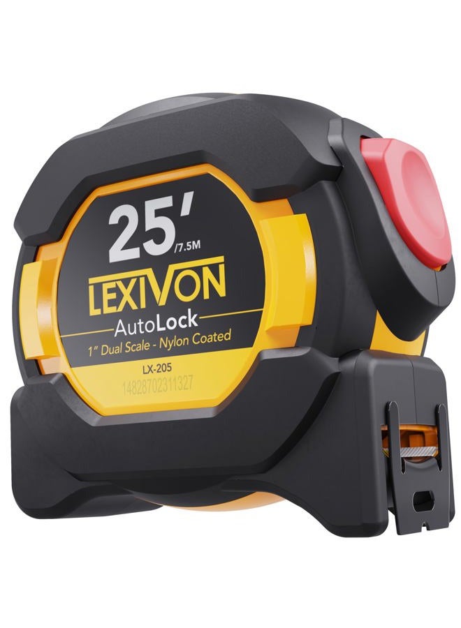 LEXIVON متر قياس أوتوماتيكي 25 قدم/7.5 متر | شريط بعرض 1 بوصة مع طلاء نايلون، تشطيب مطفي أبيض وأصفر مع طباعة مزدوجة الجوانب | قدم/بوصة/كسور/متر 1-عبوة LX-205 - Image 1