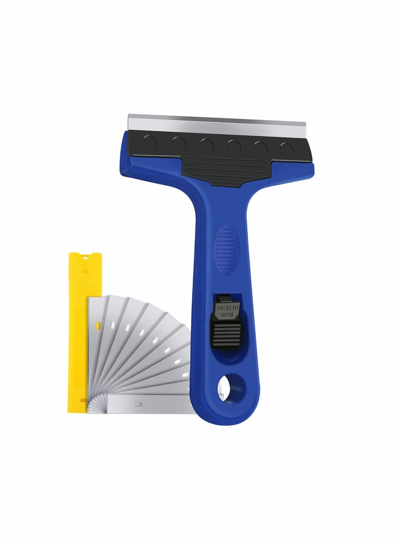 Razor Blade Scraper, 4 Scraper Tool with 10 Extra Replacement Metal Blades, Remover for Cleaning Paint, Caulk, Adhesive, Label, Decal, Sticker from Window, Glass, Tile, Floor, Stove Top  - Image 1