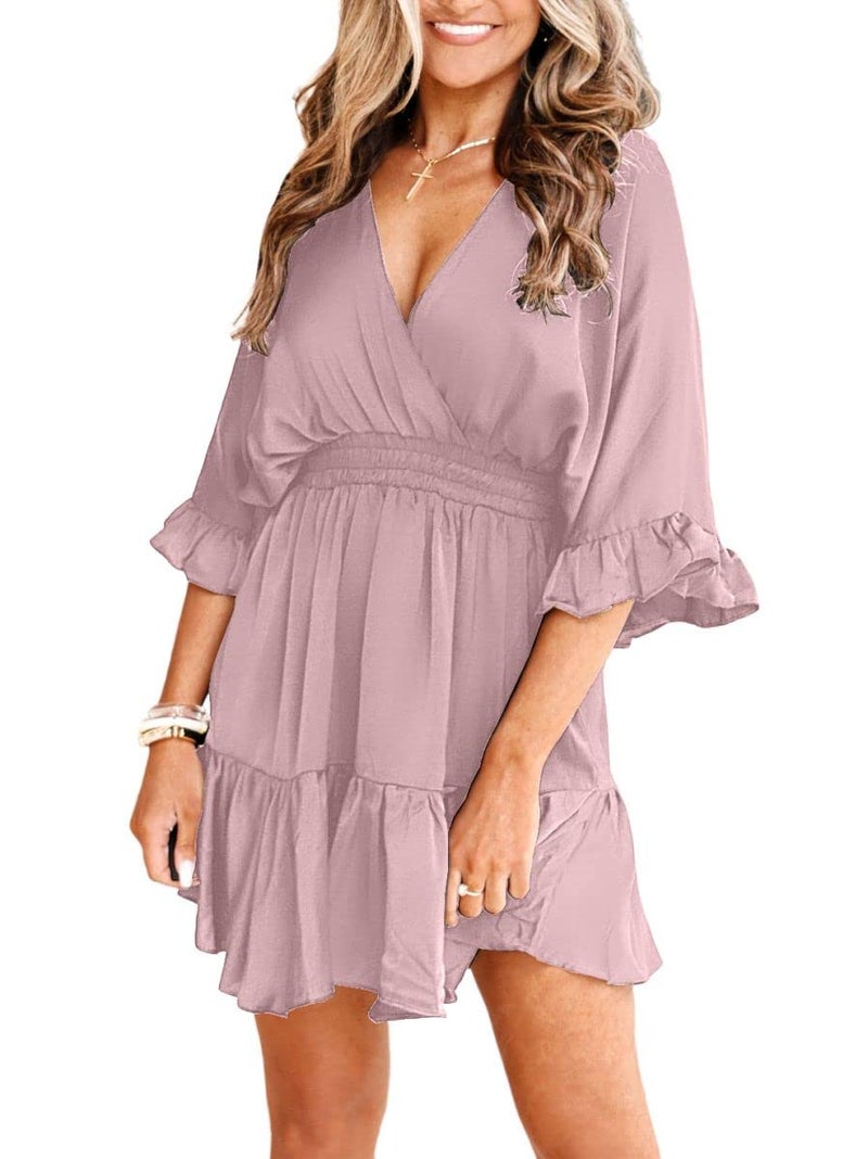 Aoysky Womens V Neck Casual Dresses Summer Loose High Waist Ruffle Pleated Cute Mini Short Dress Pink - Image 2