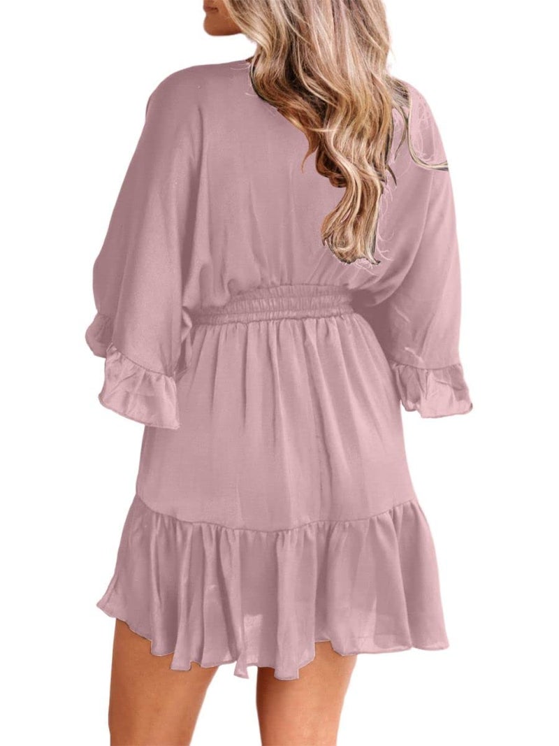 Aoysky Womens V Neck Casual Dresses Summer Loose High Waist Ruffle Pleated Cute Mini Short Dress Pink - Image 4