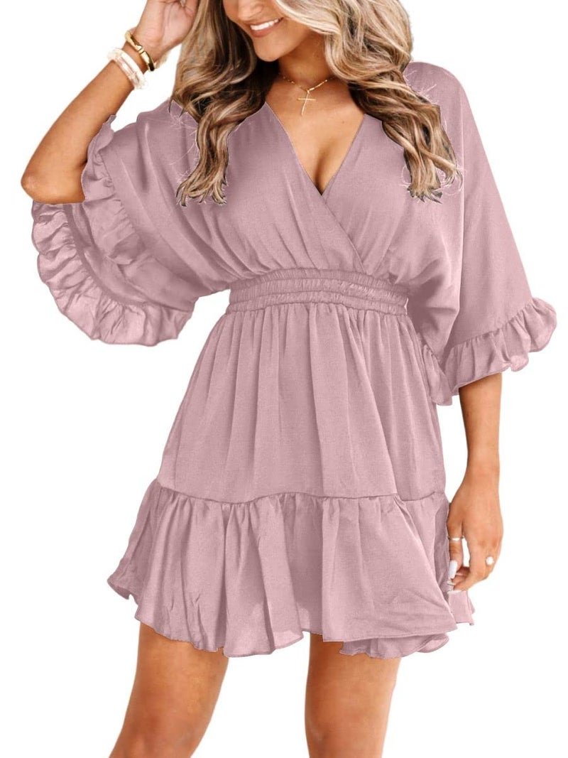 Aoysky Womens V Neck Casual Dresses Summer Loose High Waist Ruffle Pleated Cute Mini Short Dress Pink - Image 1