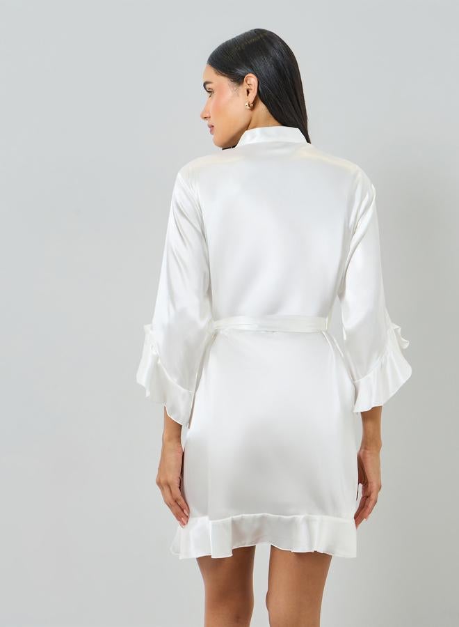 Take Two White Ruffle Trim Robe with Waist Tie - Image 4