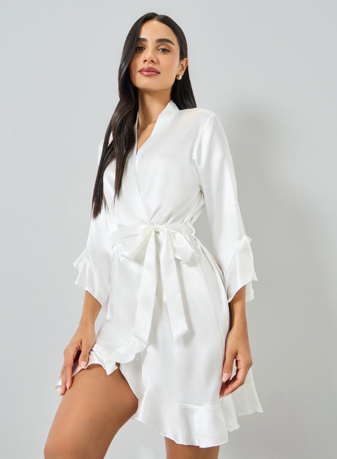Take Two White Ruffle Trim Robe with Waist Tie - Image 1