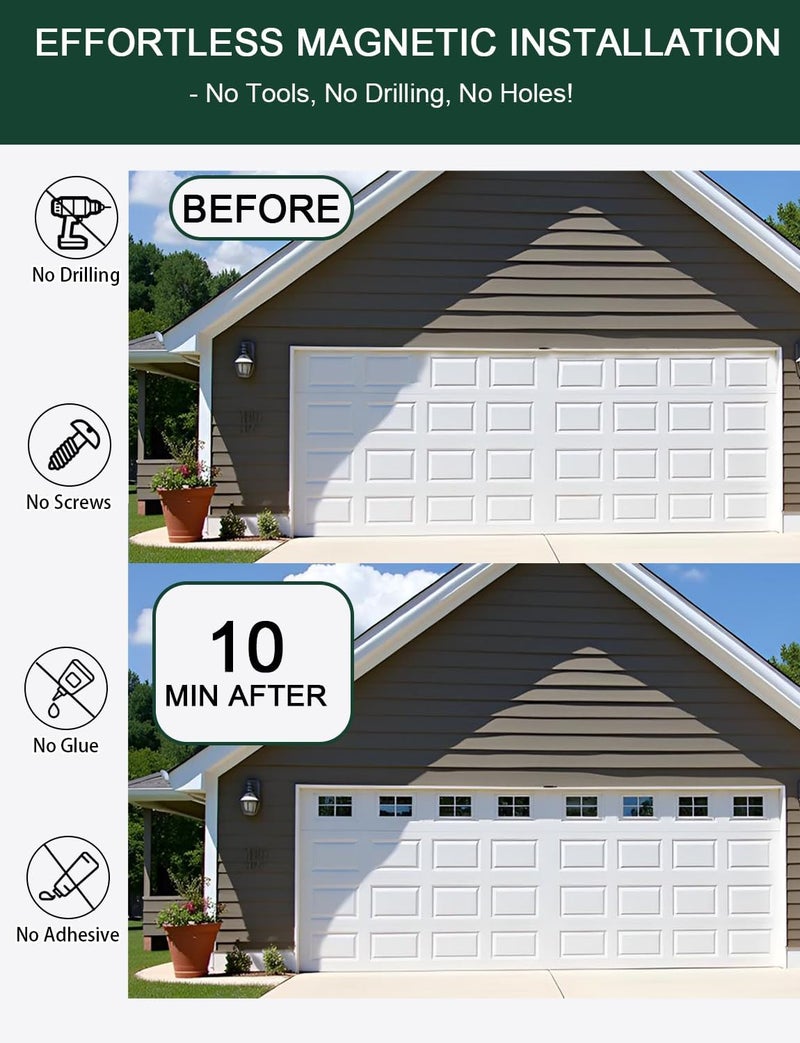 YURROAD 32Pcs Strong Magnetic Fake Windows for 2 Car Garage Door - Glossy Realistic Look, No-Tools Install in 10 Mins & Won't Fall Off Decorative Hardware (6" x 4") - Image 2