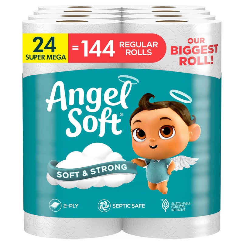 Angel Soft Toilet Paper, 24 Super Mega Rolls = 144 Regular Rolls, Soft and Strong Toilet Tissue - Image 1