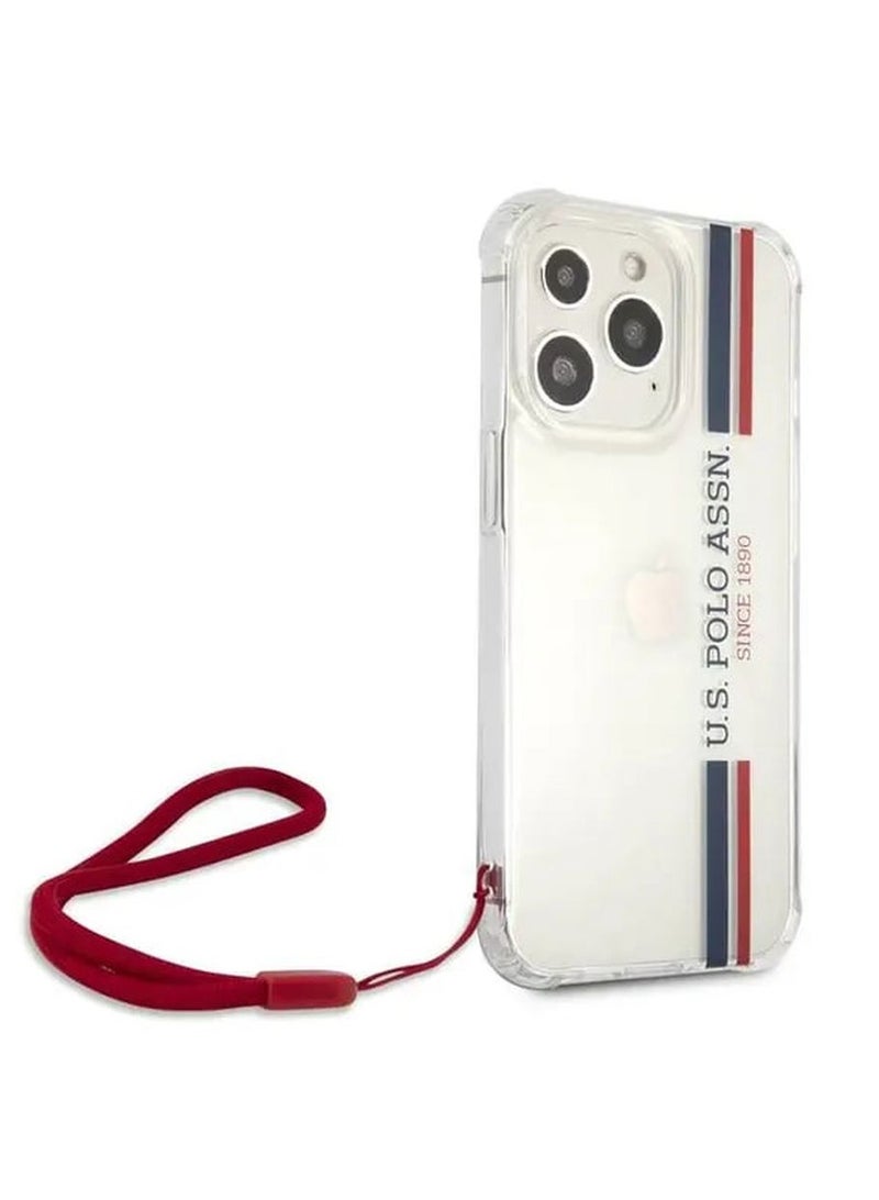 يو اس بولو جراب iPhone 13 Pro مقاس 6.1 بوصة من مادة البولي كربونات/البولي يوريثين الحراري بشعار USPA المخطط اللامع مع سلك نايلون أحمر مضاد للضياع - شفاف - Image 2