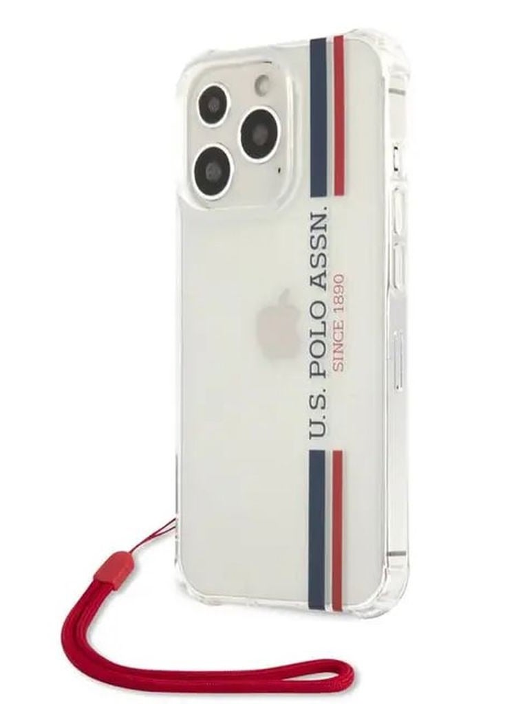 يو اس بولو جراب iPhone 13 Pro مقاس 6.1 بوصة من مادة البولي كربونات/البولي يوريثين الحراري بشعار USPA المخطط اللامع مع سلك نايلون أحمر مضاد للضياع - شفاف - Image 3