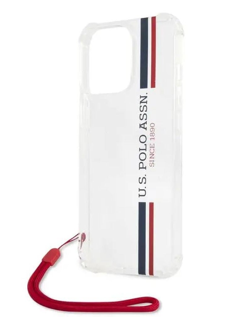 يو اس بولو جراب iPhone 13 Pro مقاس 6.1 بوصة من مادة البولي كربونات/البولي يوريثين الحراري بشعار USPA المخطط اللامع مع سلك نايلون أحمر مضاد للضياع - شفاف - Image 4