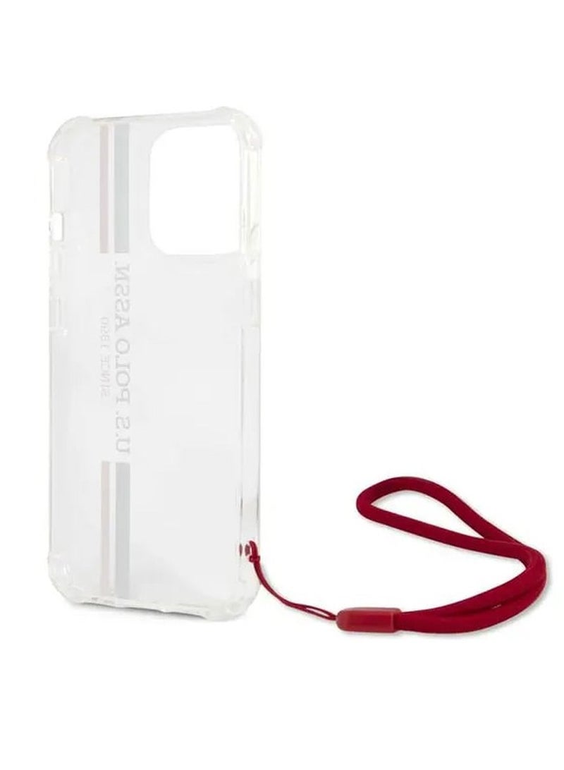 يو اس بولو جراب iPhone 13 Pro مقاس 6.1 بوصة من مادة البولي كربونات/البولي يوريثين الحراري بشعار USPA المخطط اللامع مع سلك نايلون أحمر مضاد للضياع - شفاف - Image 5