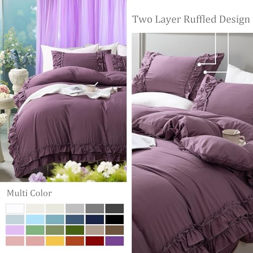 Bedorm Queen Duvet Cover Set Purple Ruffle Bedding Set Pleat Ruffled Shabby Chic Comforter Cover Extra Soft & Easy Care Farmhouse Boho Duvet Cover with Zipper Closure - Image 5