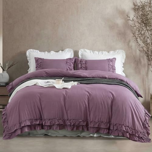 Bedorm Queen Duvet Cover Set Purple Ruffle Bedding Set Pleat Ruffled Shabby Chic Comforter Cover Extra Soft & Easy Care Farmhouse Boho Duvet Cover with Zipper Closure - Image 1
