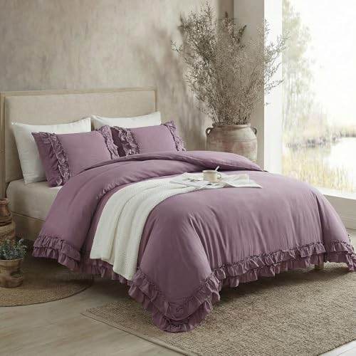 Bedorm Queen Duvet Cover Set Purple Ruffle Bedding Set Pleat Ruffled Shabby Chic Comforter Cover Extra Soft & Easy Care Farmhouse Boho Duvet Cover with Zipper Closure - Image 4