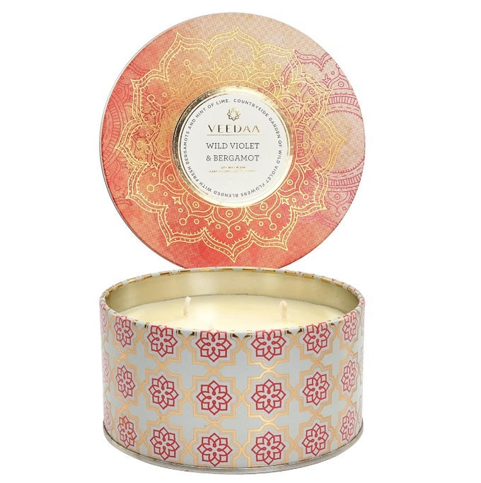 WILD VIOLET BERGAMOT 3 WICK TIN SOY WAX SCENTED CANDLE BURNS 40 HOURS