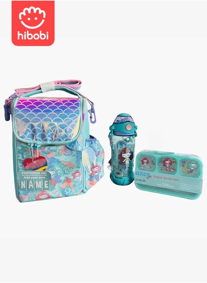 hibobi 3-Piece Set with Lunch Bag, Lunch Box, and Water Bottle, Mermaid Pattern, Featuring a Stylish Design, Easy to Carry, Perfect for School, Travel, and Outdoor Activities  - Image 1
