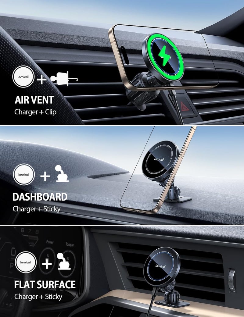 Lamicall MagSafe Car Phone Charger, 15W Fast Wireless Charging, 360° Rotatable Holder with Smart Chip - Image 2