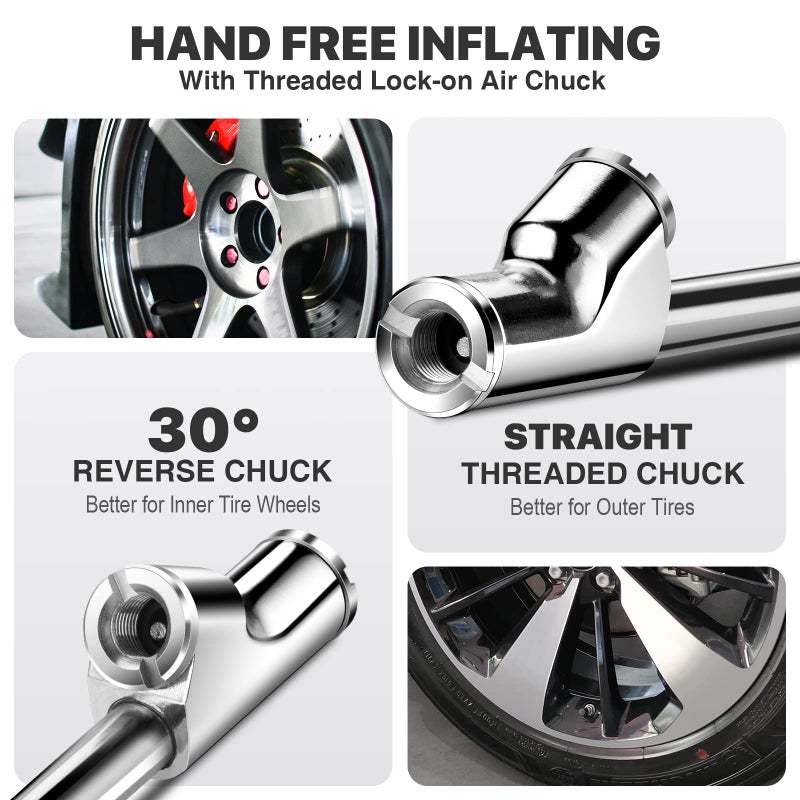 LUMITECO 14"" Extended Reach Dual Head Air Chuck  2-Way Connection 1/4"" Fnpt Straight Lock On Tire Inflate Chuck  Tire Chuck With Standard Quick Plug  Air Compressor Fill Kit For Truck Rv Semi Dually Tires - Image 4