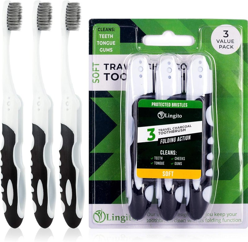 Lingito Folding Toothbrush, Built-in Cover, Travel Size for Hiking, Camping, Traveling, Collapsible Toothbrush Kit (3 Pack Soft-Charcoal) - Image 1