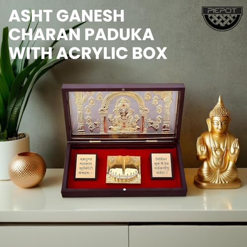 Piepot Asht Ganesh Charan Paduka with Acrylic Box | Ganesh Idol for Home Decor | Gold Plated | Charan Paduka Box for Pooja | Wedding Gifts & House Warming | Diwali Gifts (8X4.5X1.5 Inches) - Image 5