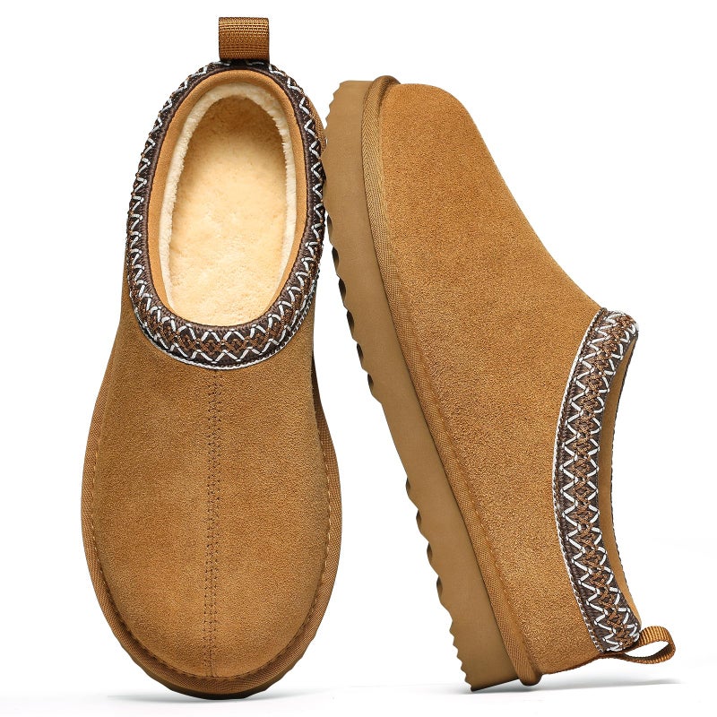 bebealy Genuine Suede Fuzzy Slippers for Women Winter Warm House Shoes Cozy Mini Boots Indoor Outdoor Chestnut Terry Cloth 38 - Image 1