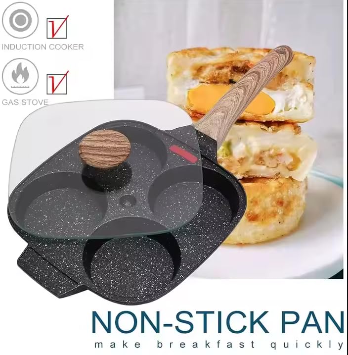 Stavae Non Stick Egg Frying pan with Blocks Aluminium Fry pan for Cooking with Wooden Handle Egg Omelette pan Round with Detachable Handle (1pcs) (Black) - Image 2