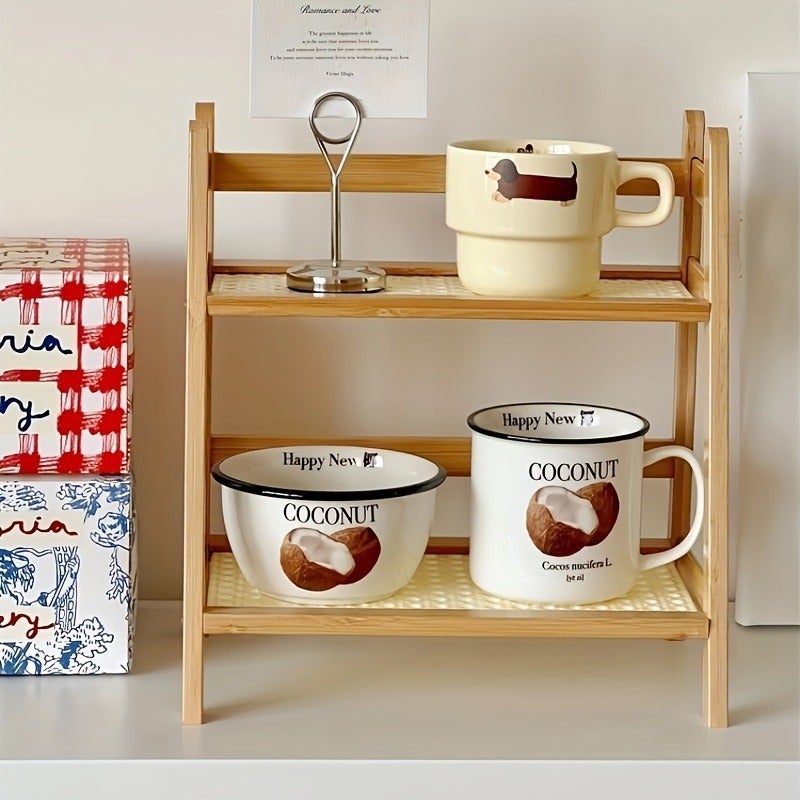 Home Shoe Rack Laundry Room Shelf Vintage Rattan Cream Double-Layer Ladder Desktop Shelf Kitchen Cup Rack Bread Rack Yard Flower Stand - Image 4