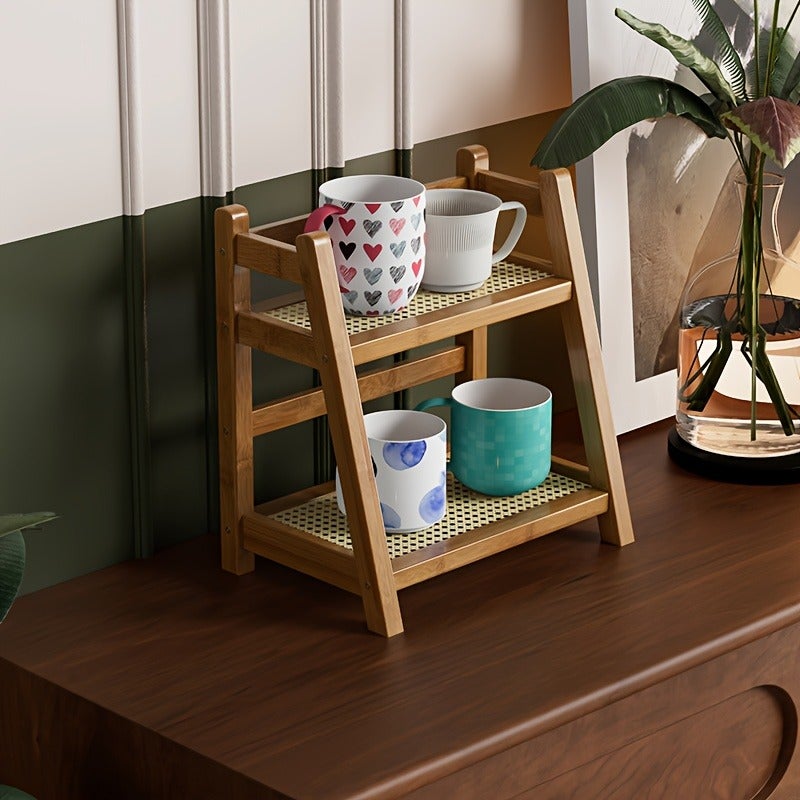 Home Shoe Rack Laundry Room Shelf Vintage Rattan Cream Double-Layer Ladder Desktop Shelf Kitchen Cup Rack Bread Rack Yard Flower Stand - Image 3